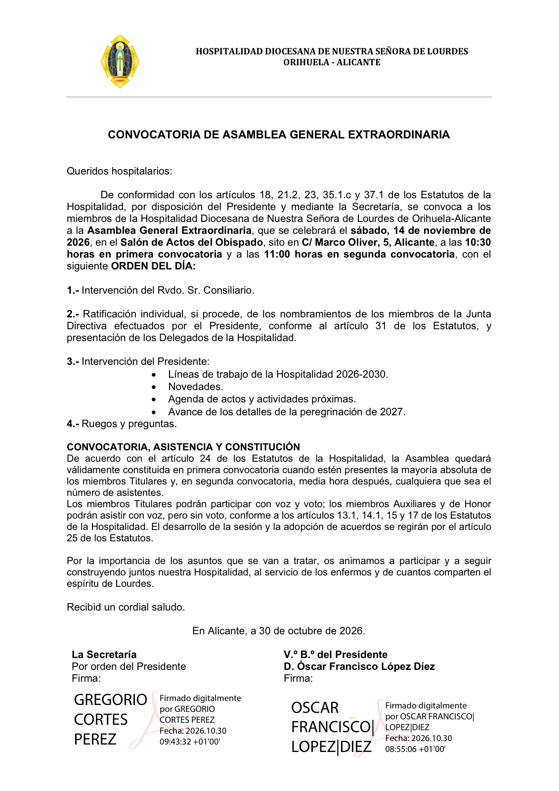 Convocatoria de Asamblea General Extraordinaria - Hospitalidad Diocesana de Nuestra Señora de Lourdes Orihuela-Alicante